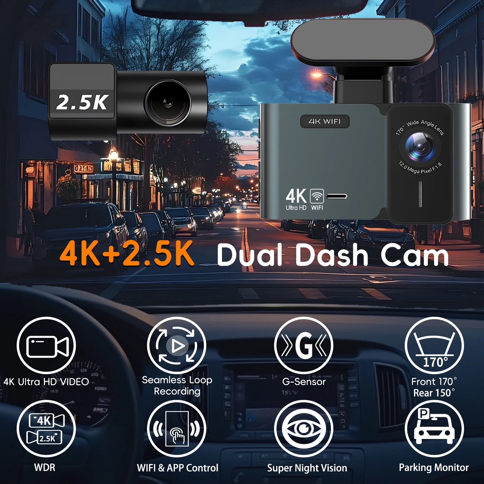 4K Front & 2.5K Rear Dash Cam – SONY IMX678 WIFI GPS 24H Parking Night Vision