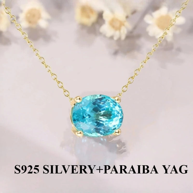 100% 925 Silver Vintage Elegant Oval Shape Pendant Necklace Paraiba YAG Inlaid Luxury Fashion Jewellery