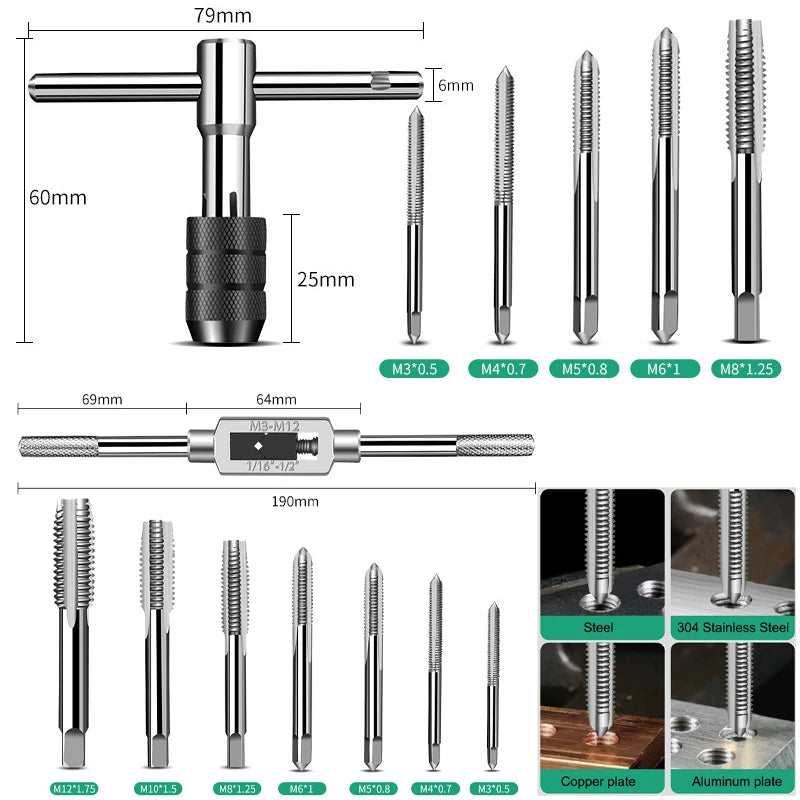 6/8-Piece Manual Tap Wrench Set – HSS Right-Hand Thread Tool