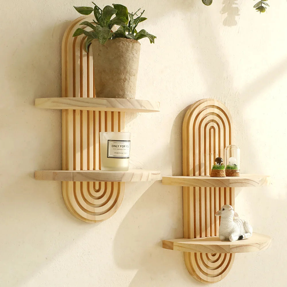 Boho Wooden Wall Mounted Shelves – Decorative Plant Display Shelves for Home