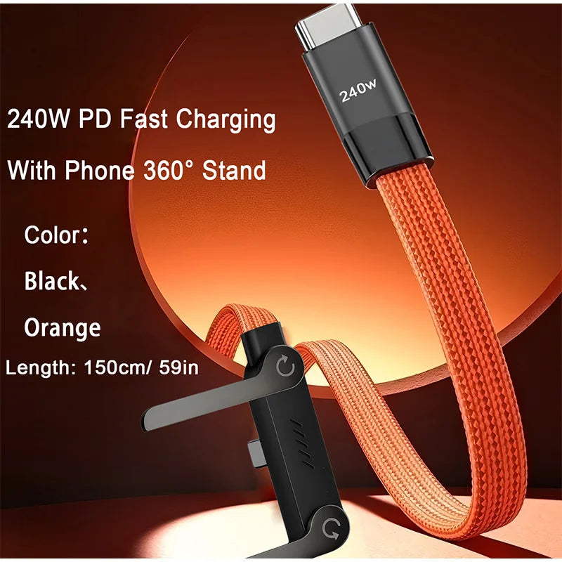 USB Type-C 240W Super Fast Charging Cable 2-in-1 Folding Holder For iPhone 15-17 Android Phone Charger Cable USB To C, C To C
