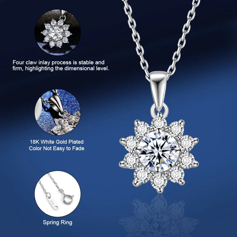 925 Silver Necklace With Real D Color Moissanite 1 Carat Round Shape best gift wedding jewelry