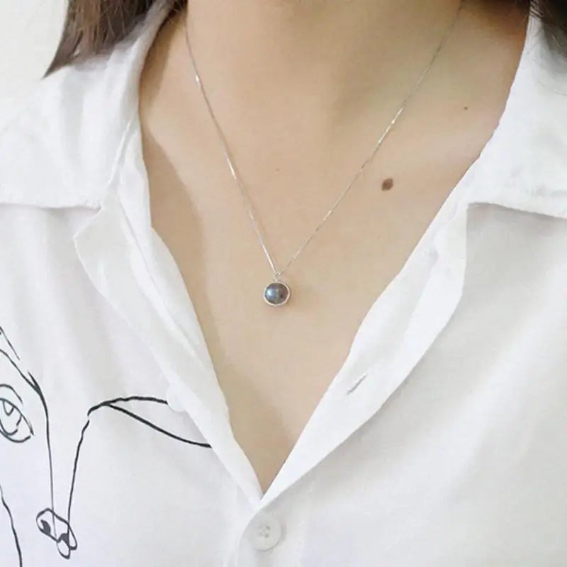 Real Pure 925 Sterling Silver Labradorite Pendant Necklace With Box Chain Simple Elegant Natural Gemstone Collier For Women