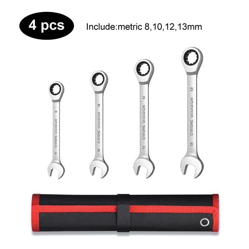 Ratcheting Wrench Set Metric and Standard 12-Point Box End Combination Spanner Gear Wrench Garage Tool Set,CR-V Full Polished