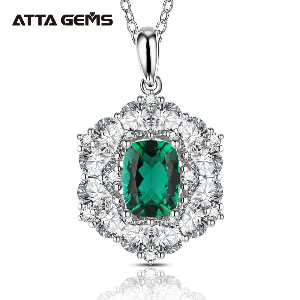 ATTAGEMS 925 Sterling Silver Emerald Stone Pendant Necklace With Chain 45cm Fine Jewelry Gift