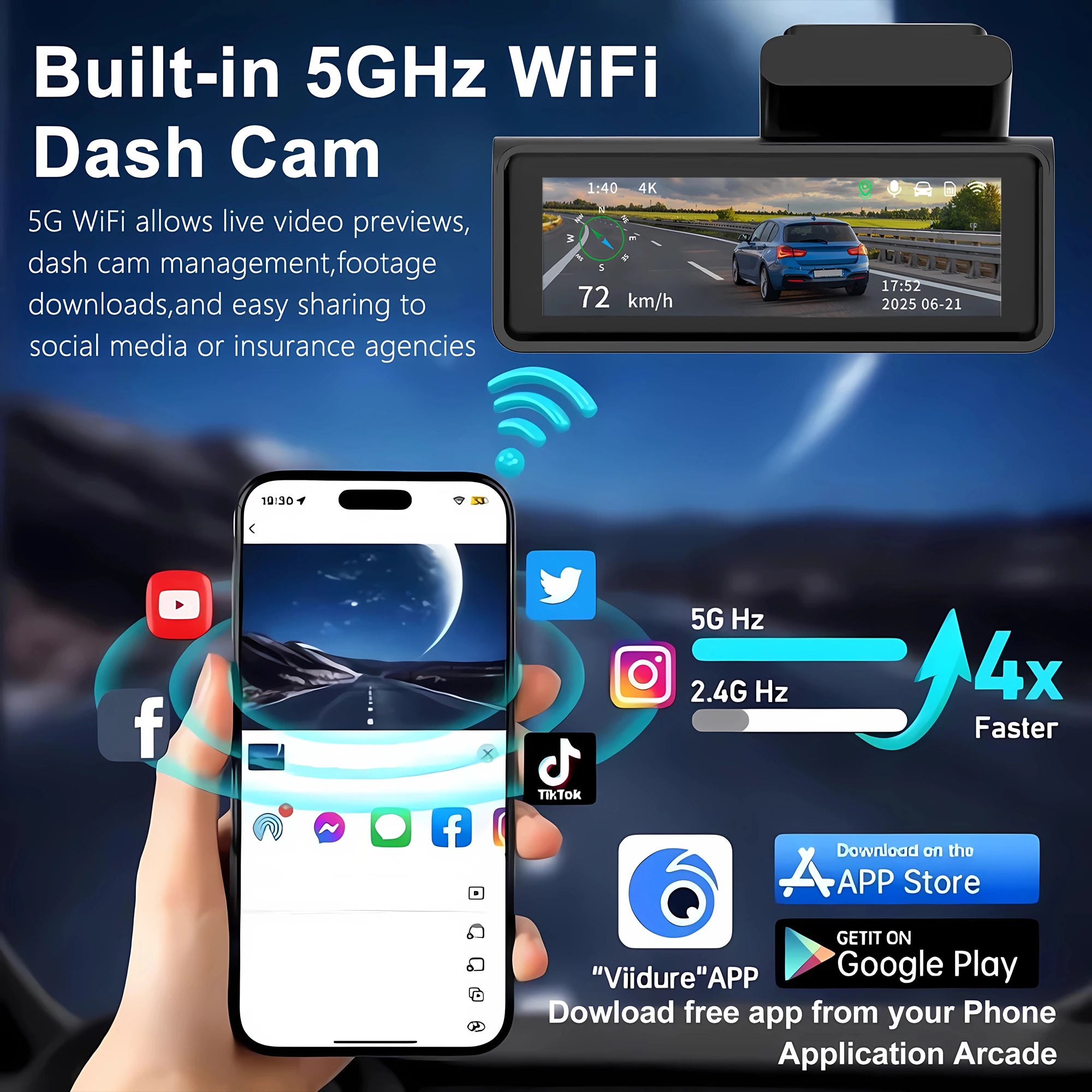 ADAS Dash Cam 4K+2.5K – GPS WIFI 24H Night Vision ADAS Optional Rear Lens