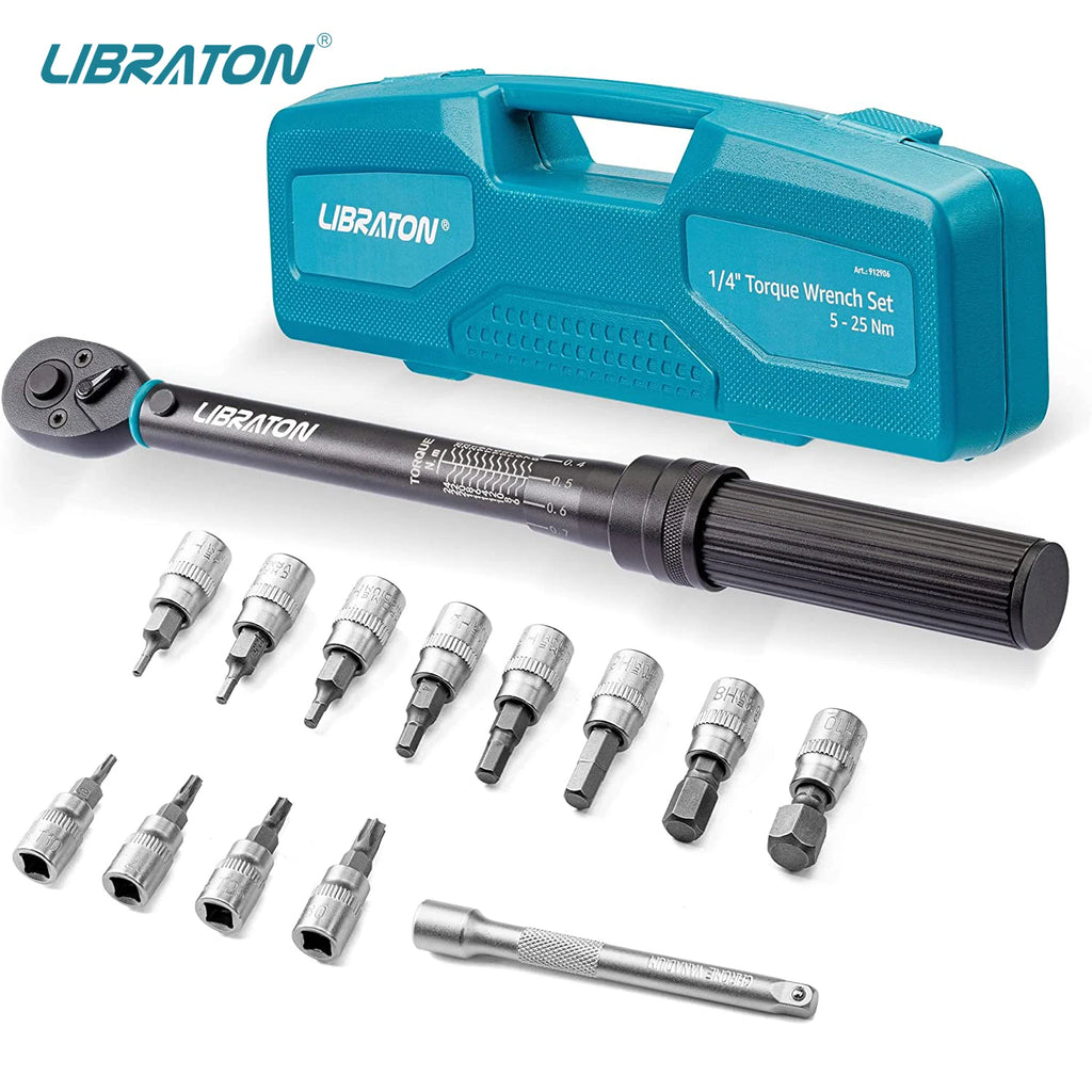 Bike Torque Wrench 1/4'', 5-25Nm, 0.1Nm Micro, Drive Click Torque Wrench Set, Hex, Torx/Star Bit Sockets, Extension Bar