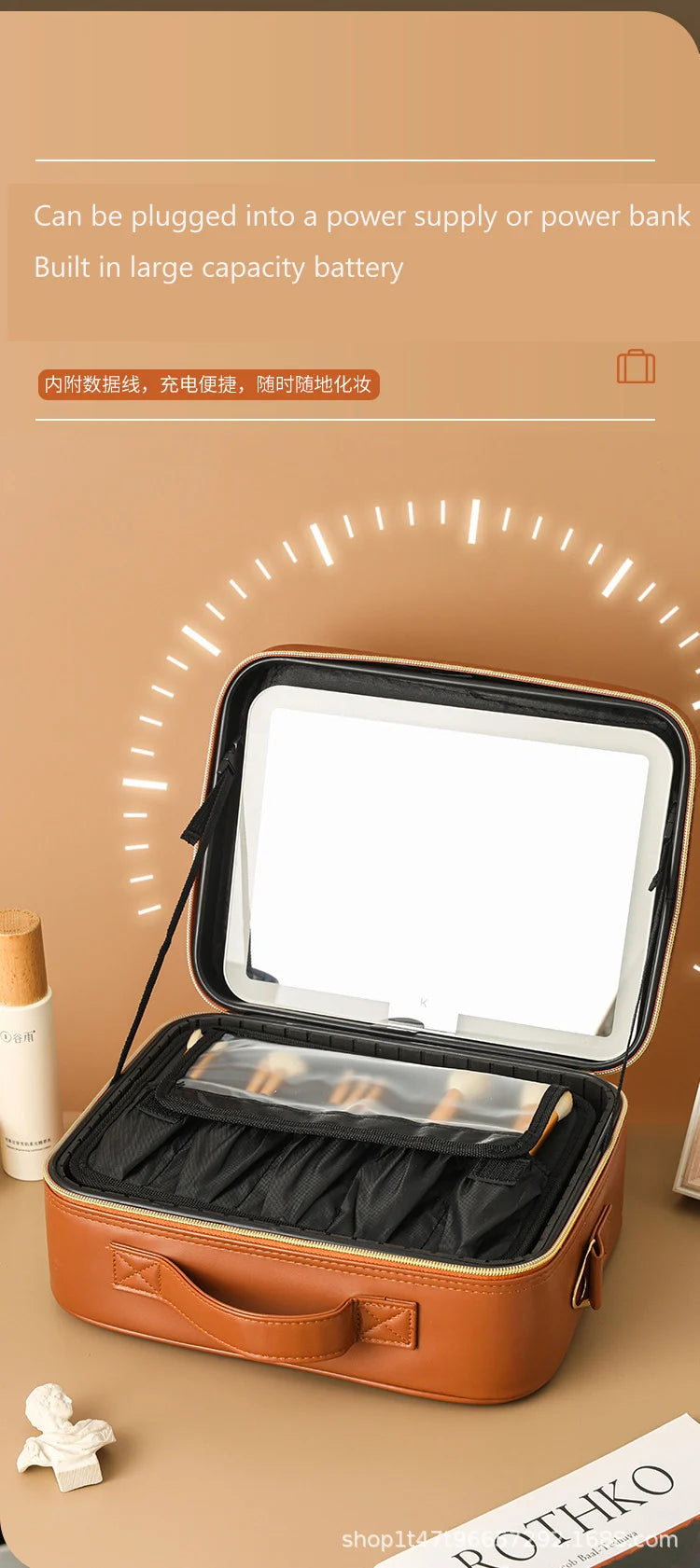 Luxury Makeup Bag LED Light Strip Mirror Makeup Case Portable Large Capacity Detachable Partition Storage Makeup Case
