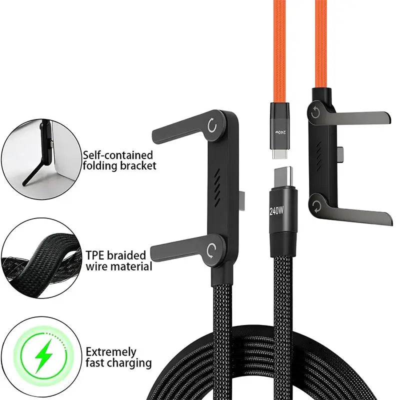 240W USB-C Charging Cable with Foldable Phone Stand – USB-C to C, iPhone 15-17 & Android