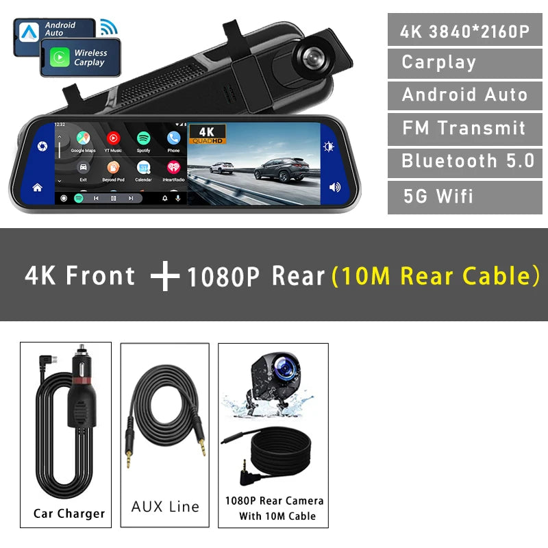 10" Dash Cam 4K CarPlay & Android Auto – 5G WIFI GPS Rearview Mirror DVR