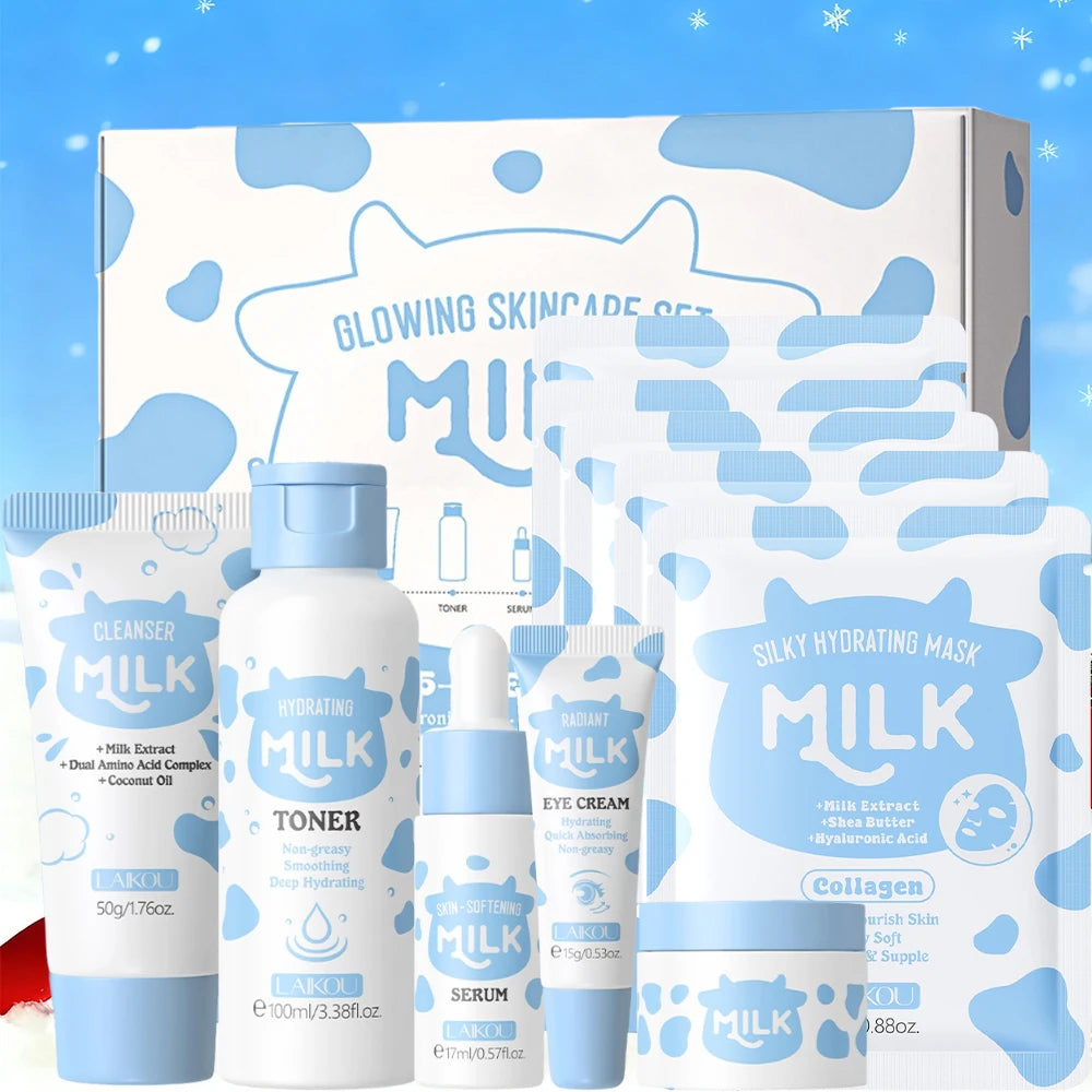 Milk 10PCS Skincare Set - Facial Cleanser Toner Serum Eye Cream Moisturizer +5 Masks Deep Hydration Moisturizing Nourish Brighte