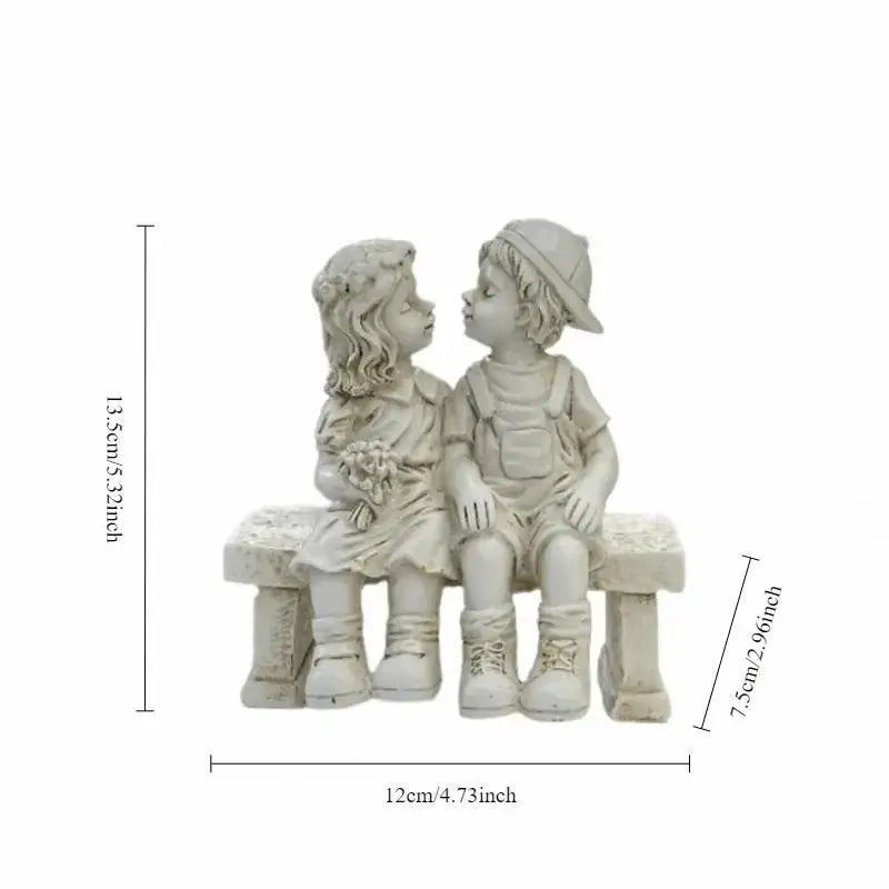 Garden Decor Endearing Sculpture Kids Sharing A Kiss on The Bench Living Room Decoration Fairy Garden Decorative Figurines