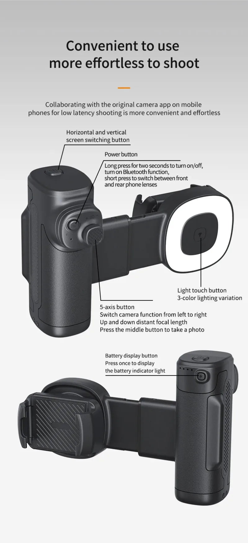 Portable Handle Mobile Camera Assistant with Bluetooth LED Selfie Light Adjustable Angle for Phone Photography Live Streaming