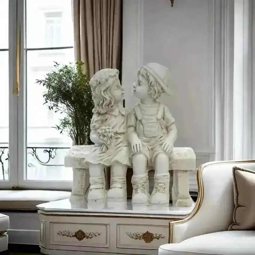 Garden Decor Endearing Sculpture Kids Sharing A Kiss on The Bench Living Room Decoration Fairy Garden Decorative Figurines