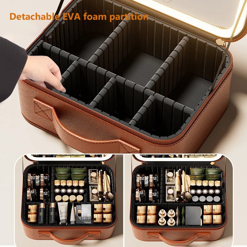 Luxury Makeup Bag LED Light Strip Mirror Makeup Case Portable Large Capacity Detachable Partition Storage Makeup Case