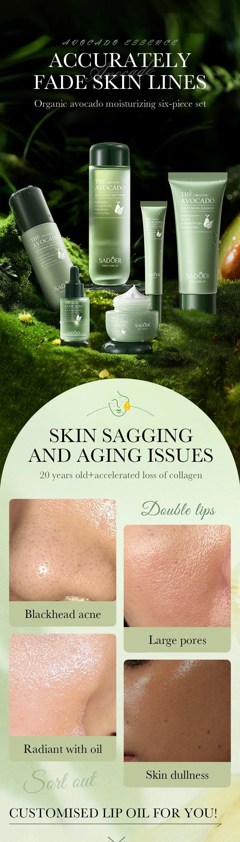 Avocado Skin Care Product Set, Six-Piece Set for Cleansing, Hydrating, and Moisturizing, Deeply Cleans Skin Impurities and Cosmetic Residue, Cleans Pores and Purifies the Skin. Reduces Fine Lines Around the Eyes, Provides Del