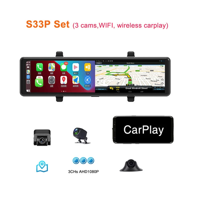3-Camera Dash Cam with CarPlay & Android Auto – 2.5K WIFI GPS 12" Touch Screen