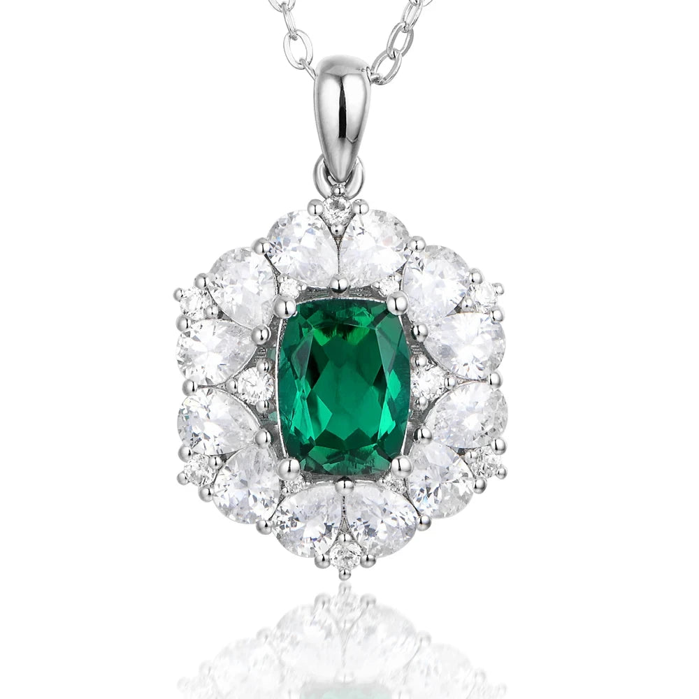 ATTAGEMS 925 Sterling Silver Emerald Stone Pendant Necklace With Chain 45cm Fine Jewelry Gift