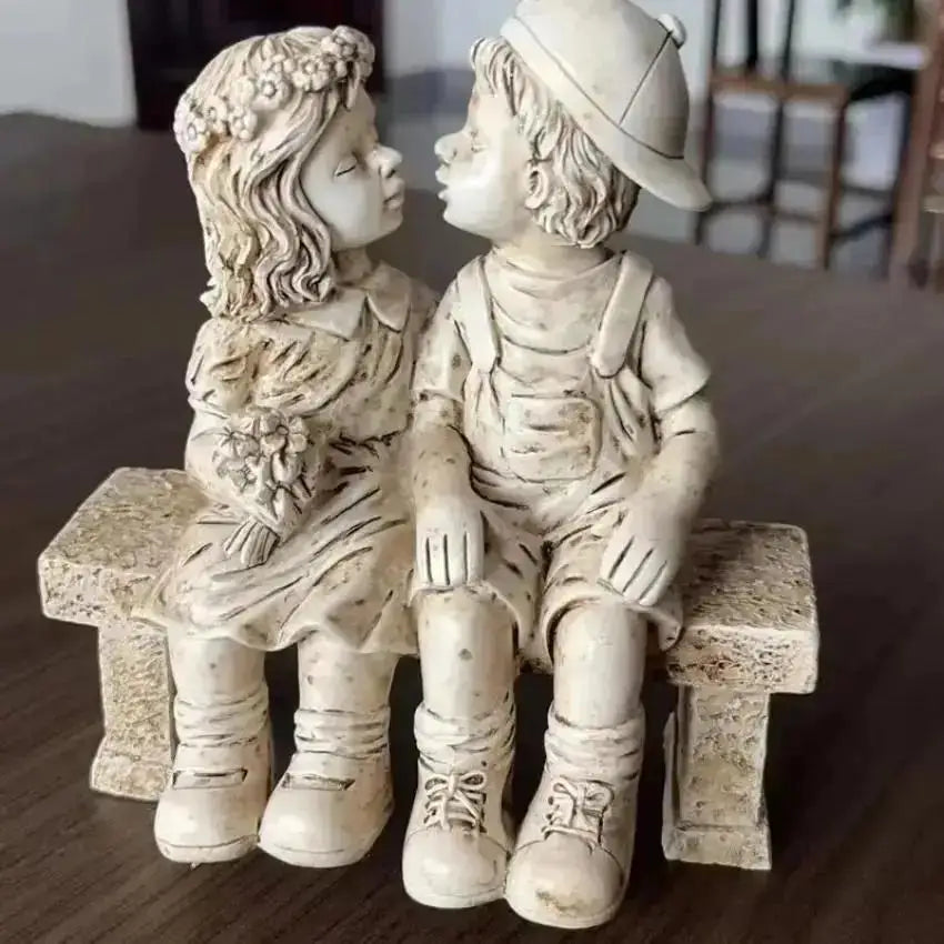 Garden Decor Endearing Sculpture Kids Sharing A Kiss on The Bench Living Room Decoration Fairy Garden Decorative Figurines