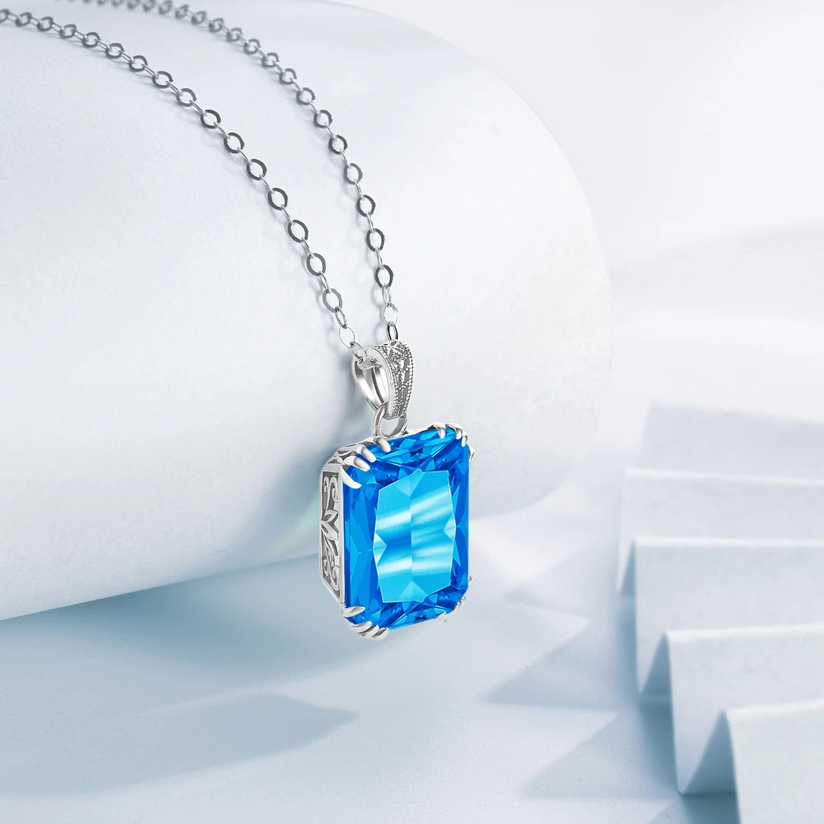 925 Sterling Silver Necklace For Women Luxury Aquamarine Gemstones Pendant Neck Chain Fine Jewelry Filigree Design