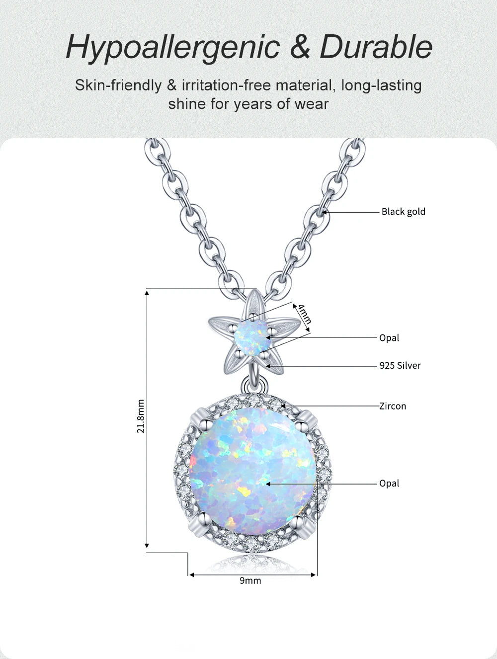 Shiny 925 Silver Necklace 9mm Round Opal Stone Pendant Beach Lover Gift Ocean Inspired Everyday Jewelry for Women Sensitive Skin