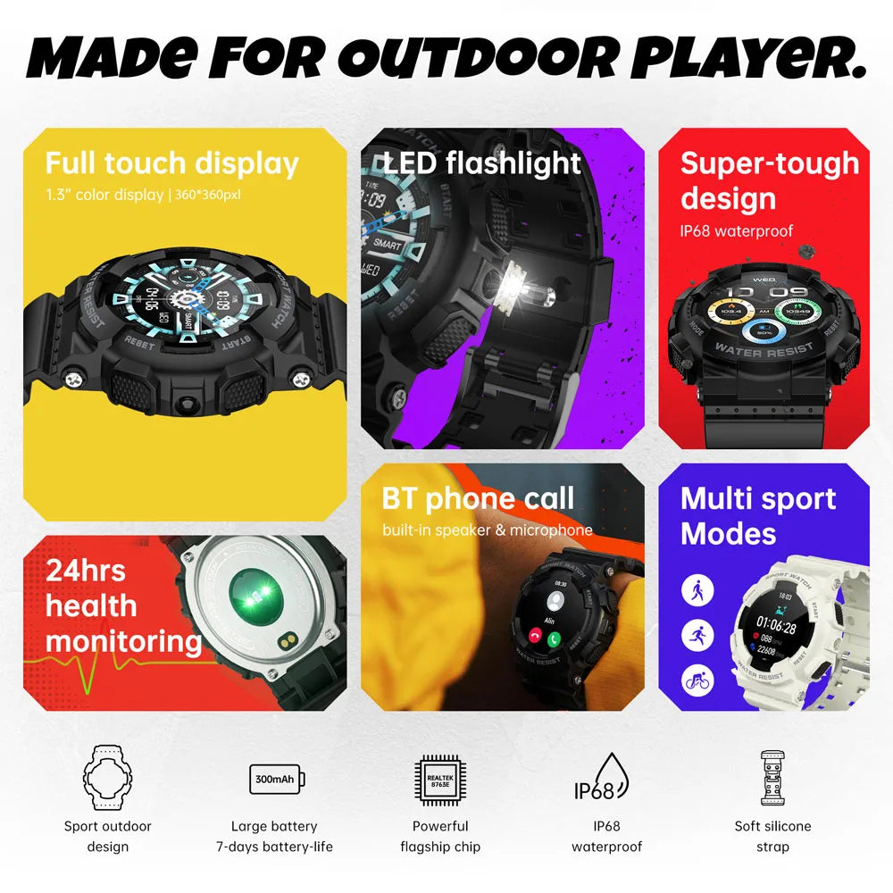 2026  Smart Watch Original Design IP68 Waterproof Bluetooth Call Health Monitor 100+ Sports Modes Flashlight