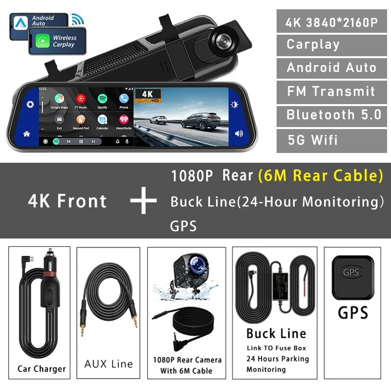 10" Dash Cam 4K CarPlay & Android Auto – 5G WIFI GPS Rearview Mirror DVR