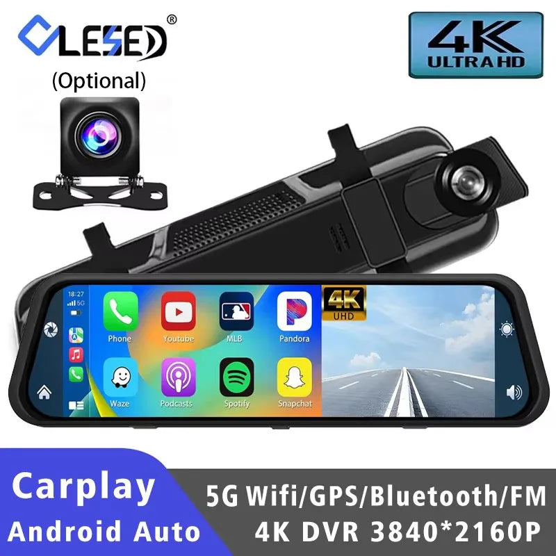 10" Dash Cam 4K CarPlay & Android Auto – 5G WIFI GPS Rearview Mirror DVR