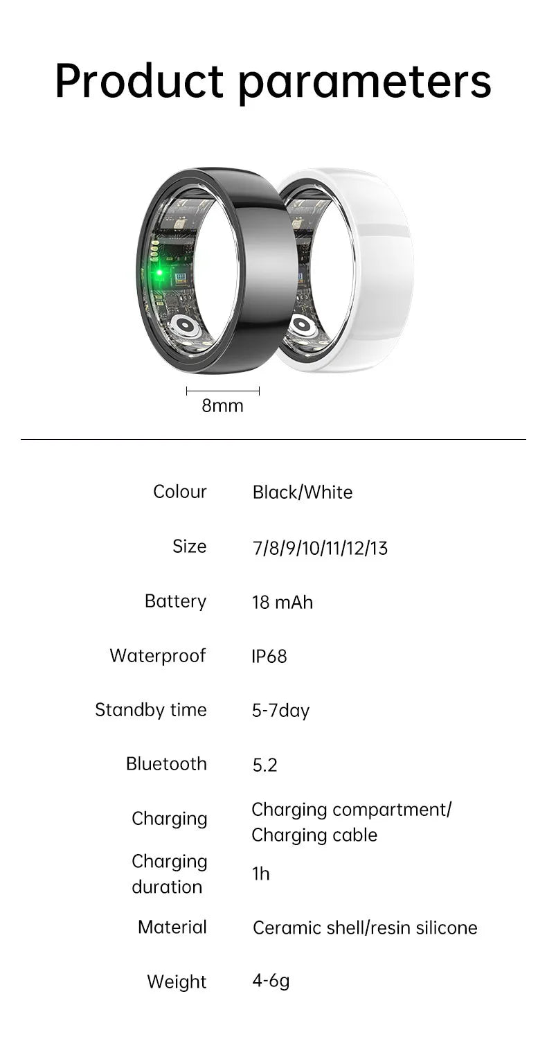 Smart Health R1000 Ceramic Fitness Ring – Sleep & Heart Rate Monitor