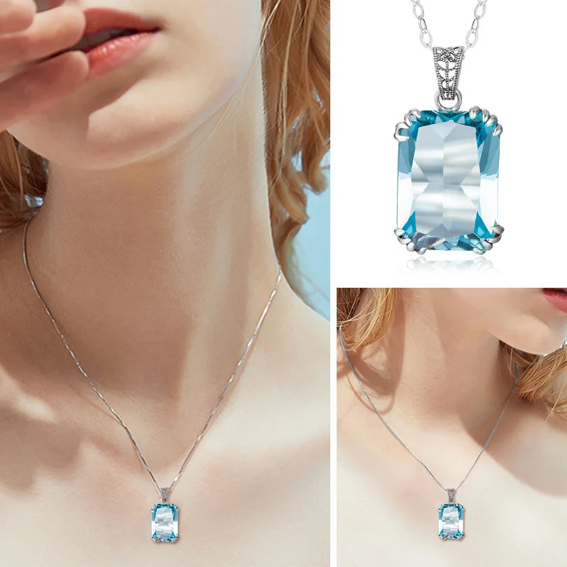 925 Sterling Silver Necklace For Women Luxury Aquamarine Gemstones Pendant Neck Chain Fine Jewelry Filigree Design