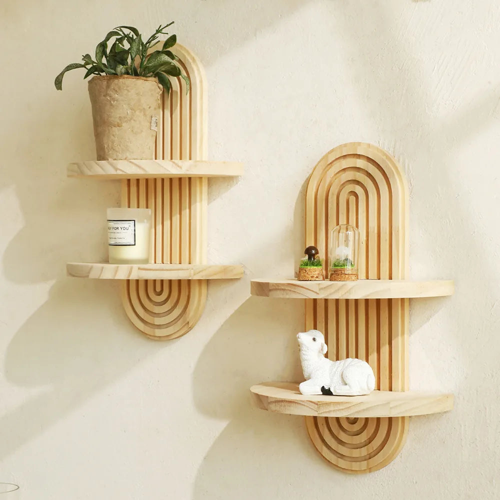 Boho Wooden Wall Mounted Shelves – Decorative Plant Display Shelves for Home