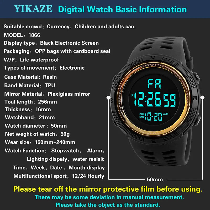 Men's Sport Digital Watch, Big Dial Luminous Waterproof Military Electronic Wristwatch