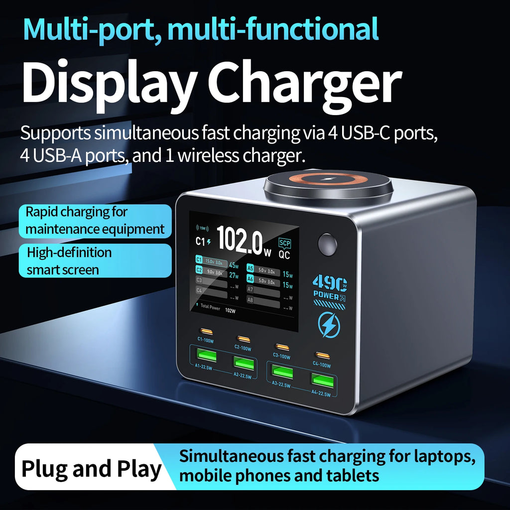 140W Smart Digital Multi-Port Charger 4C4A Wireless Charging for Smartphones Tablets And More - Fast Charging Hub