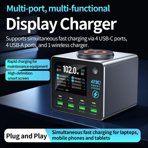 140W Smart Digital Multi-Port Charger 4C4A Wireless Charging for Smartphones Tablets And More - Fast Charging Hub