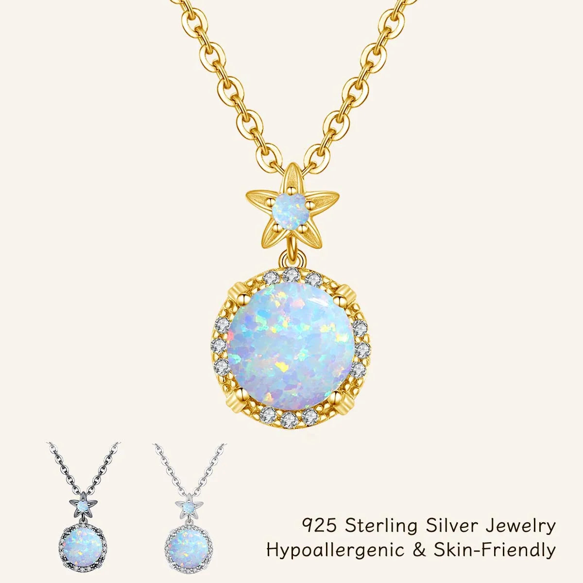 Shiny 925 Silver Necklace 9mm Round Opal Stone Pendant Beach Lover Gift Ocean Inspired Everyday Jewelry for Women Sensitive Skin