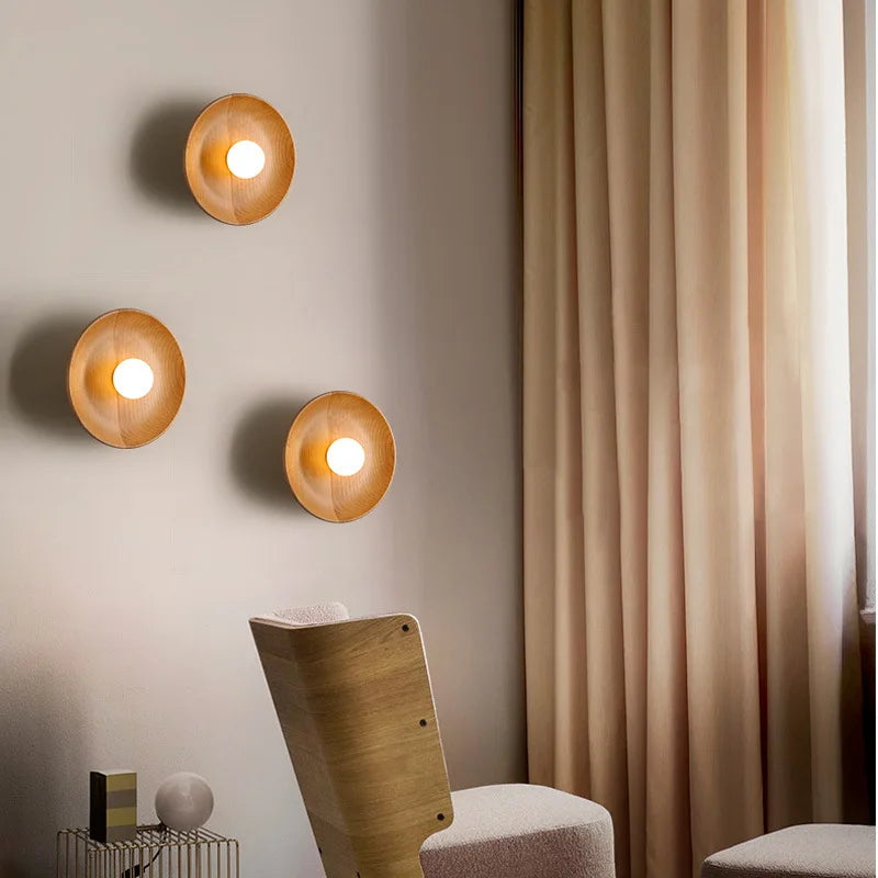 Nordic Modern Home Decor Wall Lamps Nature Solid Wood Body Round Plate Sconce Lights LED Bedroom Corridor Simple Design Lustres