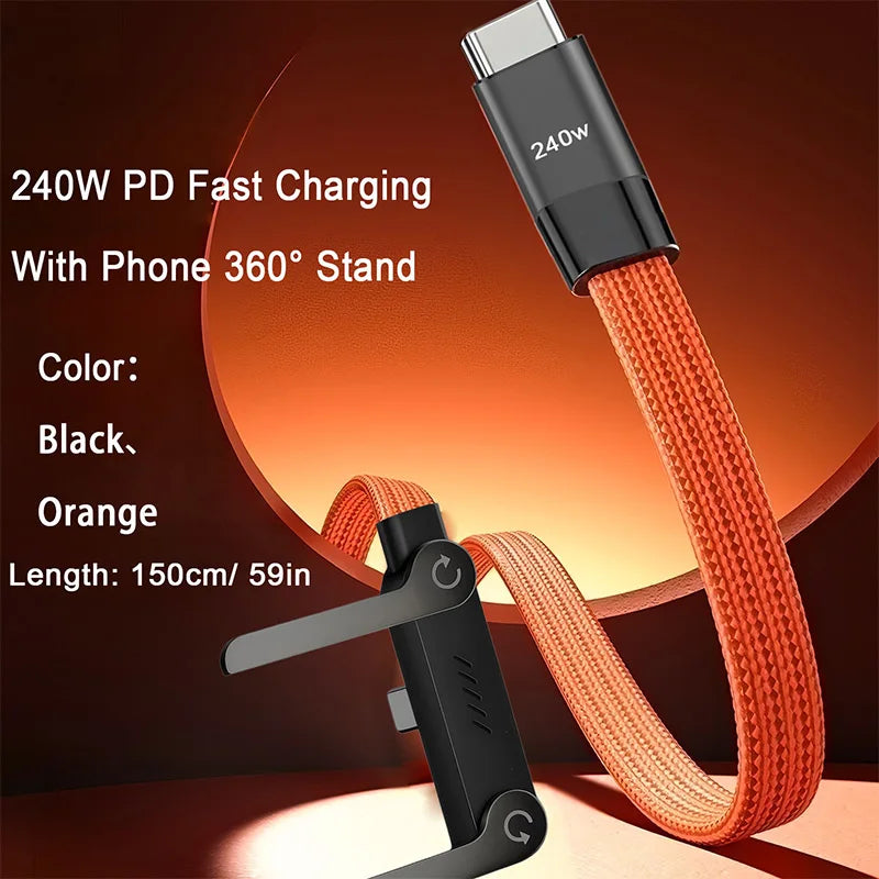 240W USB-C Charging Cable with Foldable Phone Stand – USB-C to C, iPhone 15-17 & Android