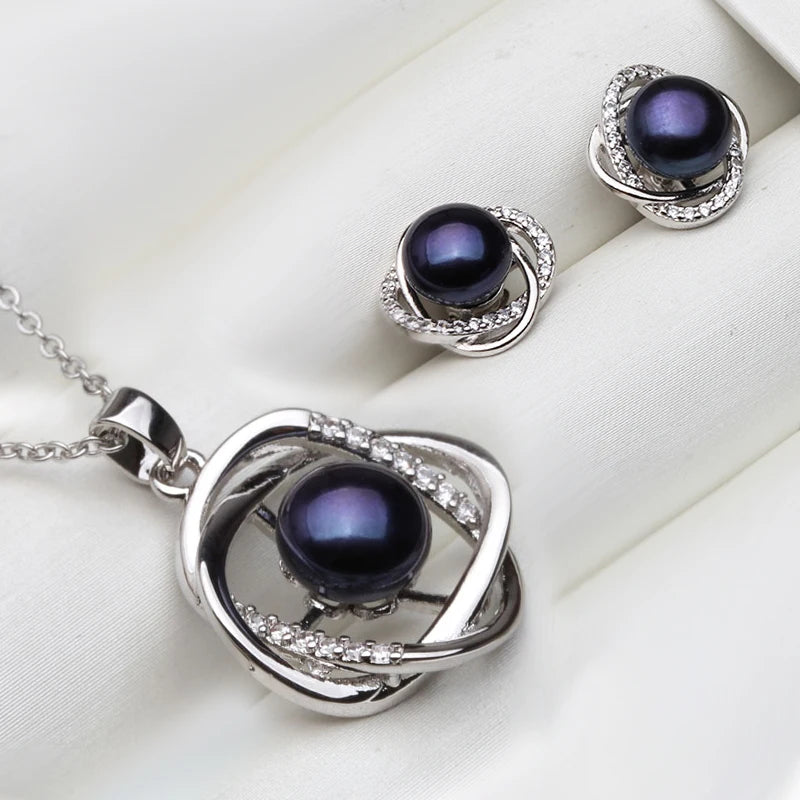 Real 925 Sterling Silver Necklace Earring Sets Women,Classic Wedding Natural Pearl Pendant Sets White Black Grey Gift
