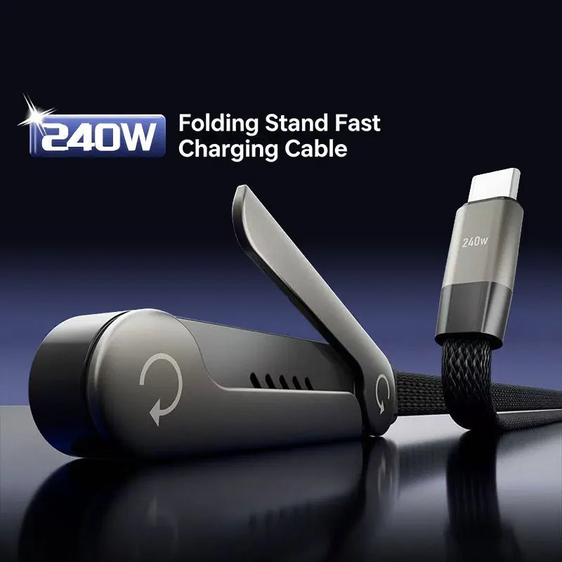 MAX 240W Flat Woven Fast Charging Cable with Built-In Phone Stand – Foldable Gaming Data Cable