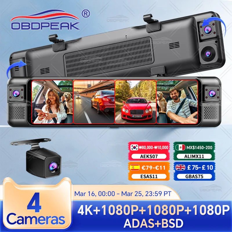 4-Channel 360° Dash Cam 11" 4K+1K+1K+1K – WIFI ADAS BSD Night Vision 24H Parking Monitor