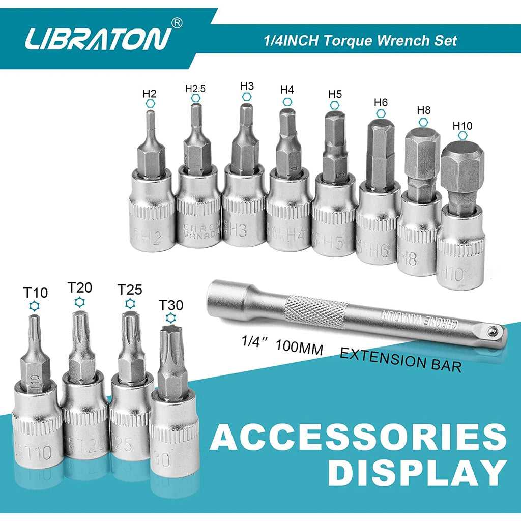 Bike Torque Wrench 1/4'', 5-25Nm, 0.1Nm Micro, Drive Click Torque Wrench Set, Hex, Torx/Star Bit Sockets, Extension Bar