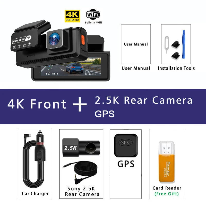 ADAS Dash Cam 4K+2.5K – GPS WIFI 24H Night Vision ADAS Optional Rear Lens