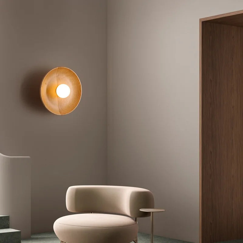 Nordic Modern Home Decor Wall Lamps Nature Solid Wood Body Round Plate Sconce Lights LED Bedroom Corridor Simple Design Lustres