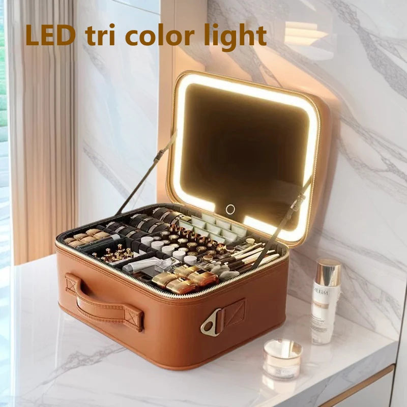 Luxury Makeup Bag LED Light Strip Mirror Makeup Case Portable Large Capacity Detachable Partition Storage Makeup Case