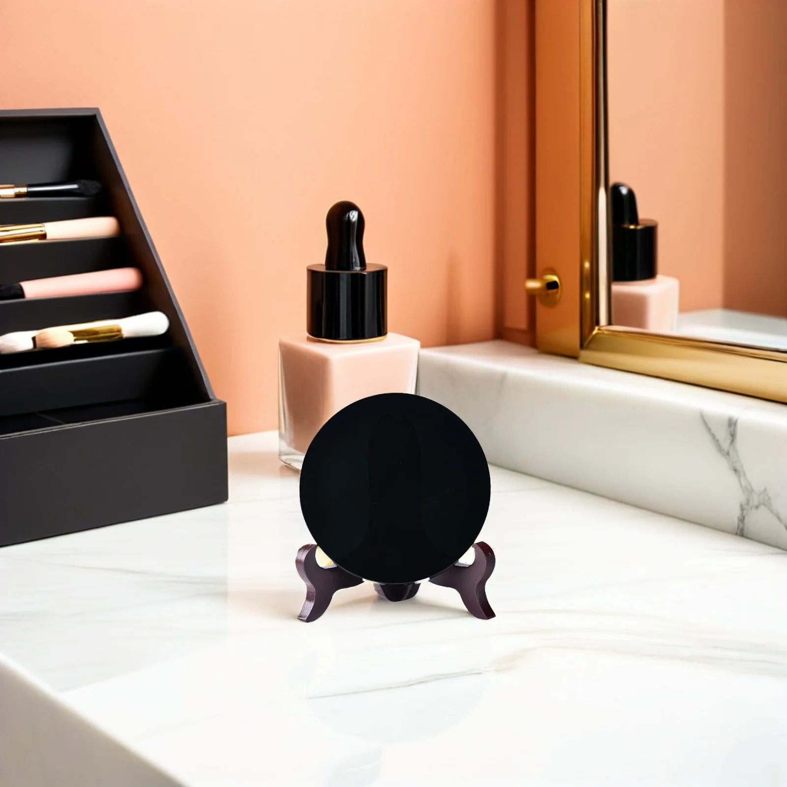 Black Scrying Mirror Obsidian Divination Decorative Mirror With Stand For Divination, Meditation And Feng Shui Treatment