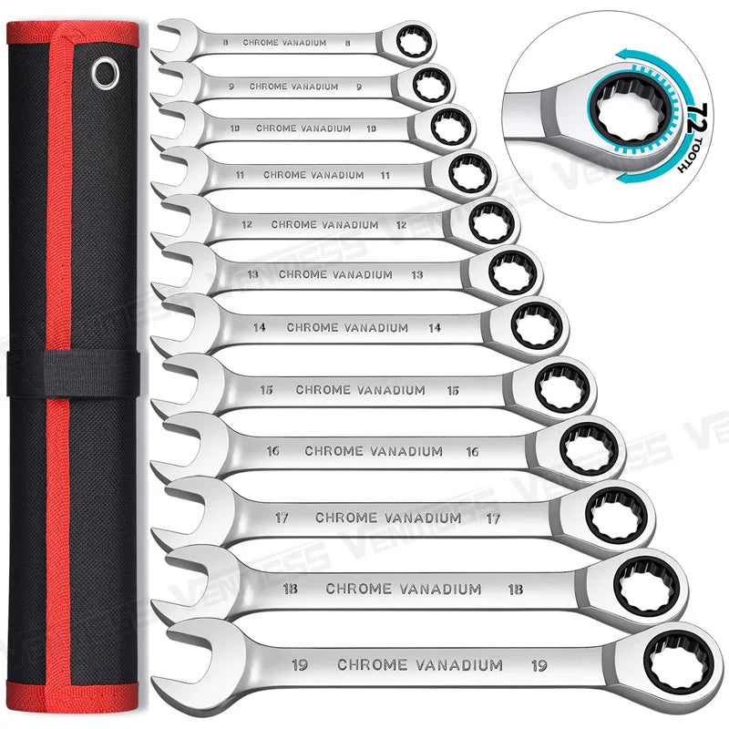 Ratcheting Wrench Set Metric and Standard 12-Point Box End Combination Spanner Gear Wrench Garage Tool Set,CR-V Full Polished