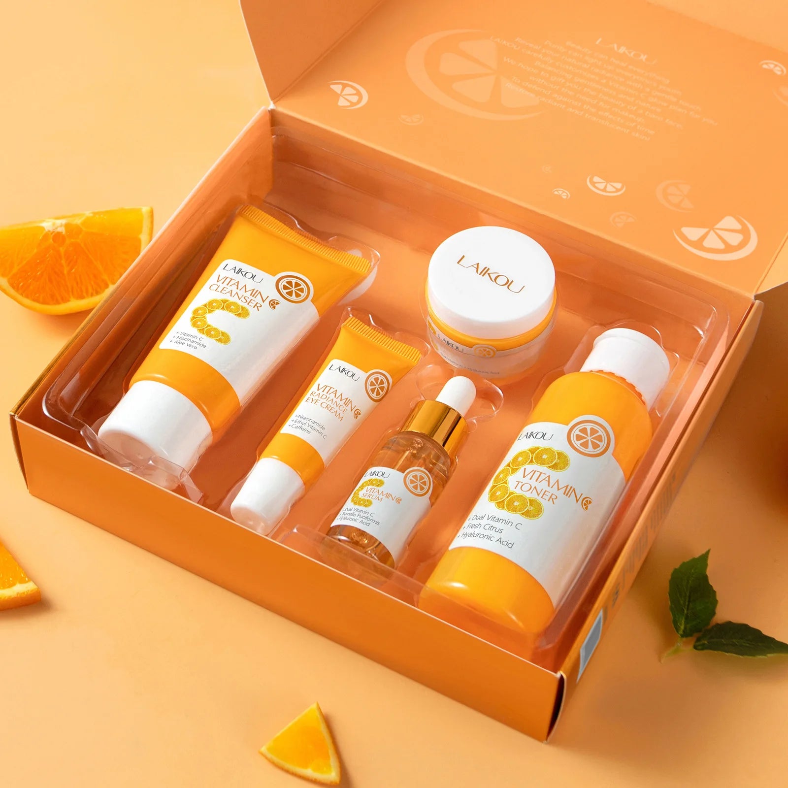 Vitamin C Skincare 5pcs Set Facial Care Brightening Essence Cream Serum Cleanser Toner Eye Cream Moisturizing