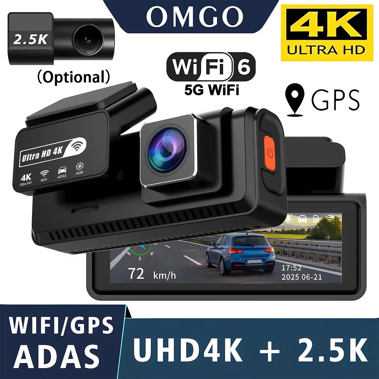 ADAS Dash Cam 4K+2.5K – GPS WIFI 24H Night Vision ADAS Optional Rear Lens