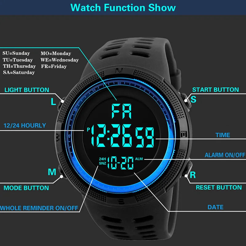 Men's Sport Digital Watch, Big Dial Luminous Waterproof Military Electronic Wristwatch