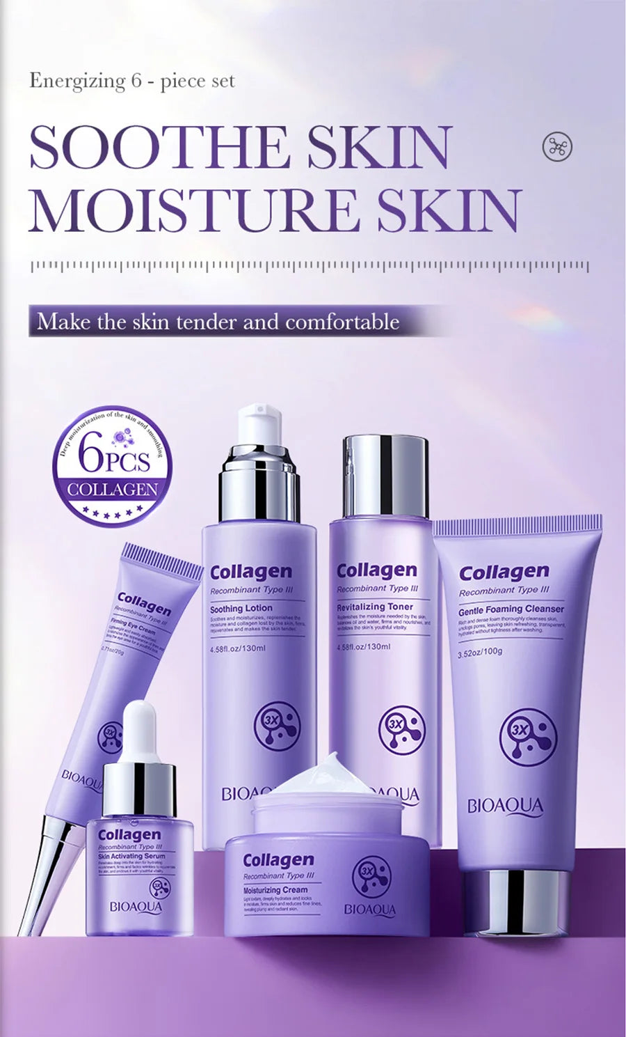 Anti-Wrinkle Skincare Six-Piece Set Collagen Anti-Aging And Firming Skincare Including Eye Cream Face Cream, Toner Lotion Serum